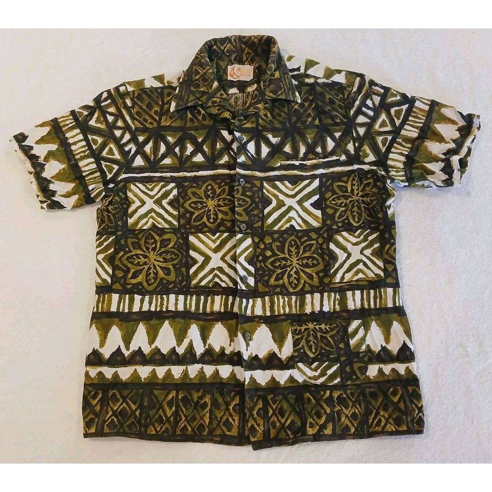 Vintage‎ Iolani Hawaiian Shirt Men's Medium Green Tapa Abstract Camp 60s 70s